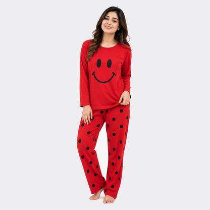 Smiley Face & Polka Dot Nightwear Set – Red