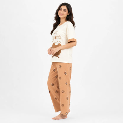 My Bear Graphic Nightwear Set – White & Brown