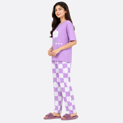 Smiley Flower Checker Nightwear Set – Purple