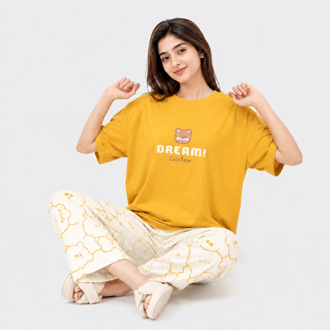 Dream Cute Bear Nightwear Set – Yellow  & White