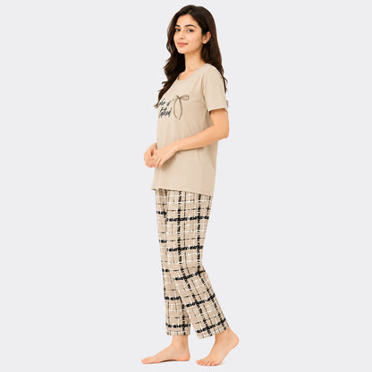 She Is Loved Check Print Nightwear Set – Beige