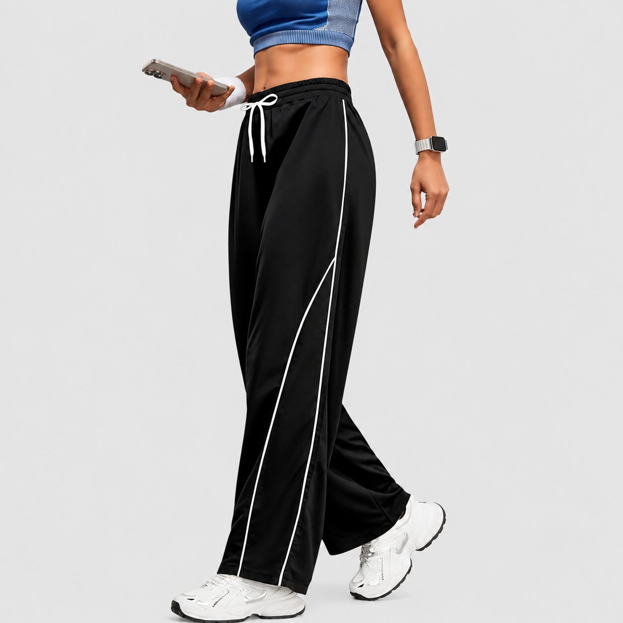 Women's High-Waist Contrast Stripe Wide-Leg Terry Track Pants
