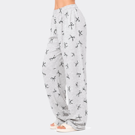 Bow Print Relaxed Soft Cotton Trouser – Grey