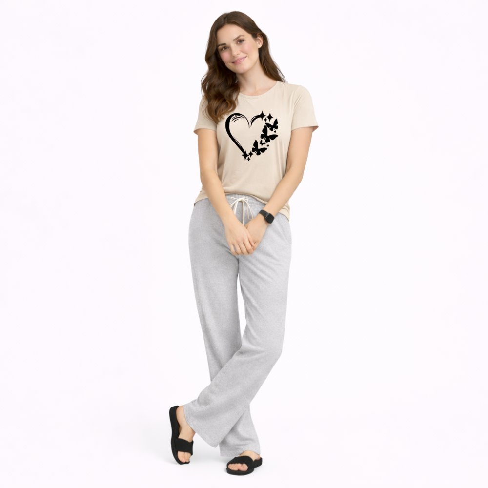 Women's Heart & Butterfly Print Night Suit – T-Shirt & Trouser Set