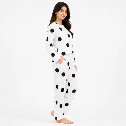 Polka Dot Print Nightwear Set – White