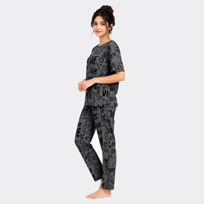 Love Typography Print Nightwear Set – Charcoal