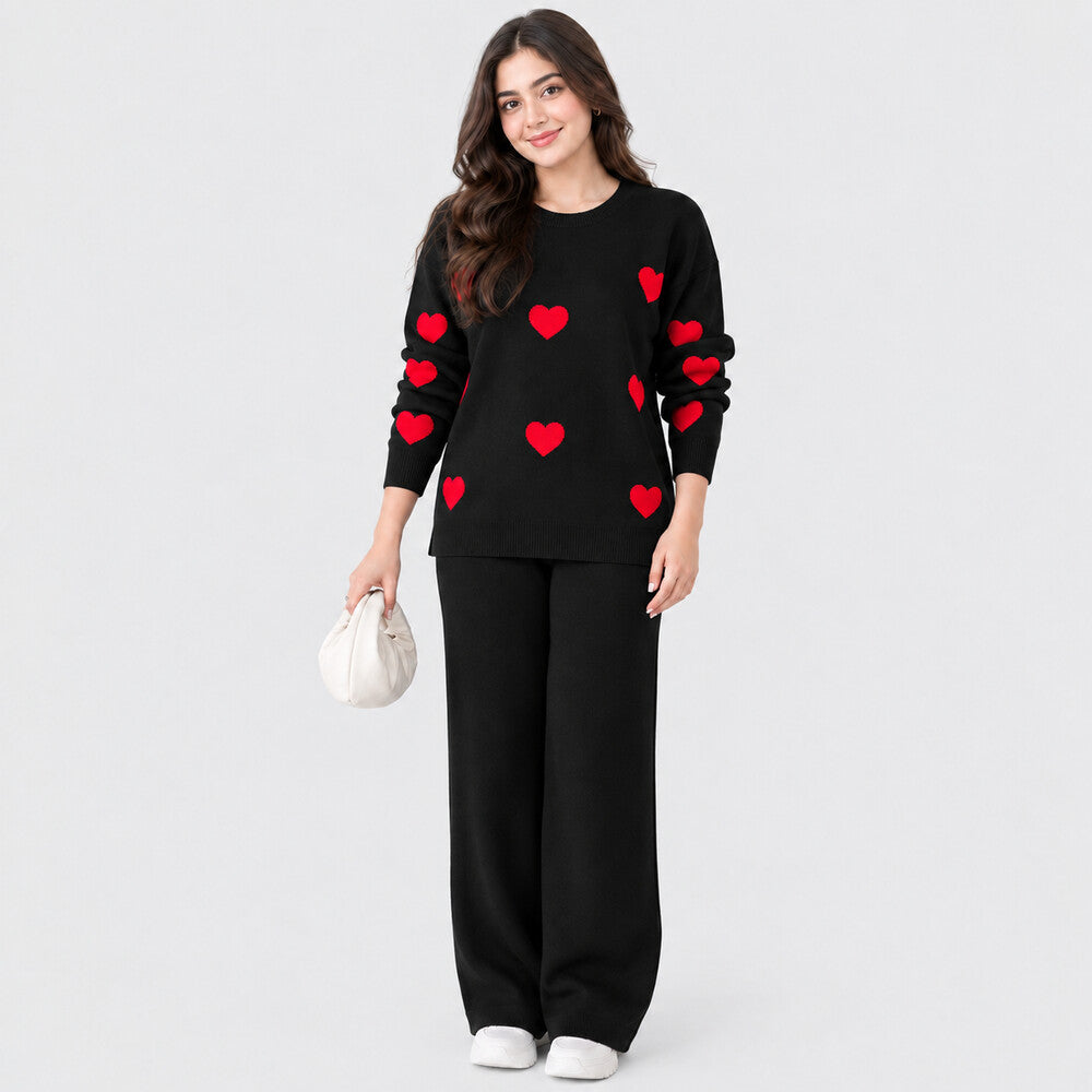 Heart Printed Warm Winter Fleece Co-Ord Set