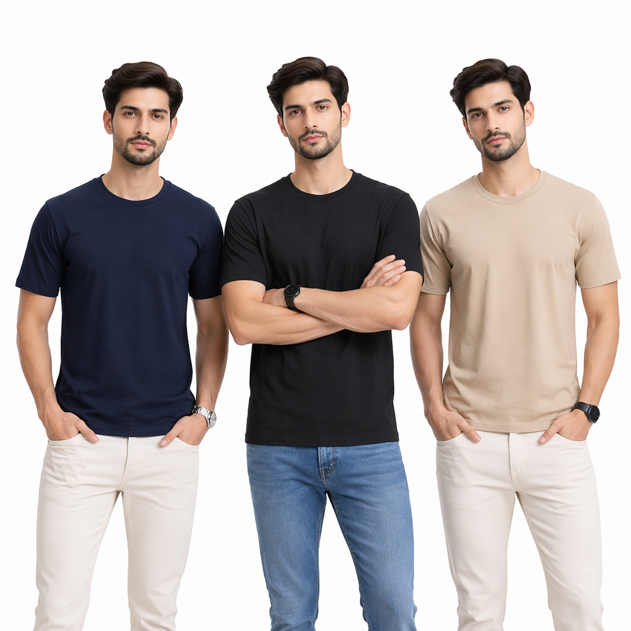 Pack Of 3 Plain Colors Half Sleeves T Shirts For Mens