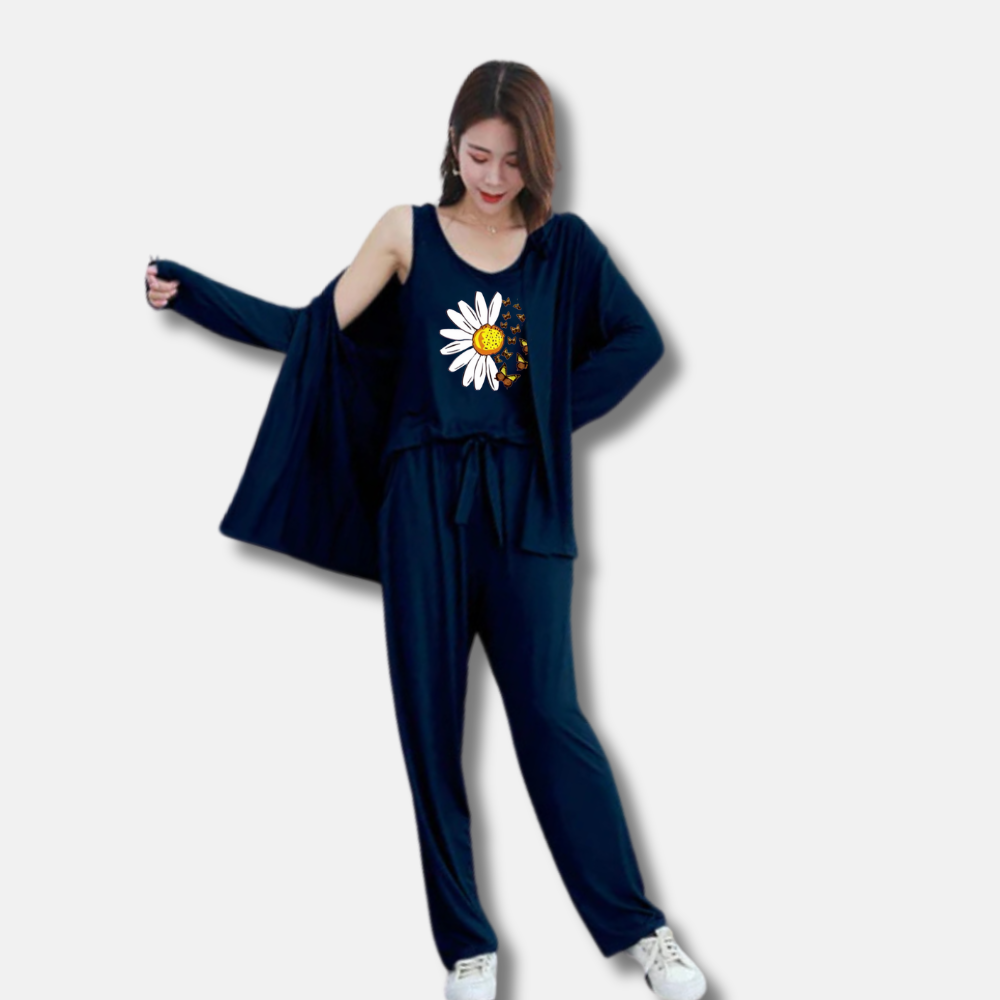 MK Garments - White Sunflower Printed 3Piece Pajama Night Suite Women Modal Long-Sleeved Vest For Leisure Home Wear Female Sleepwear