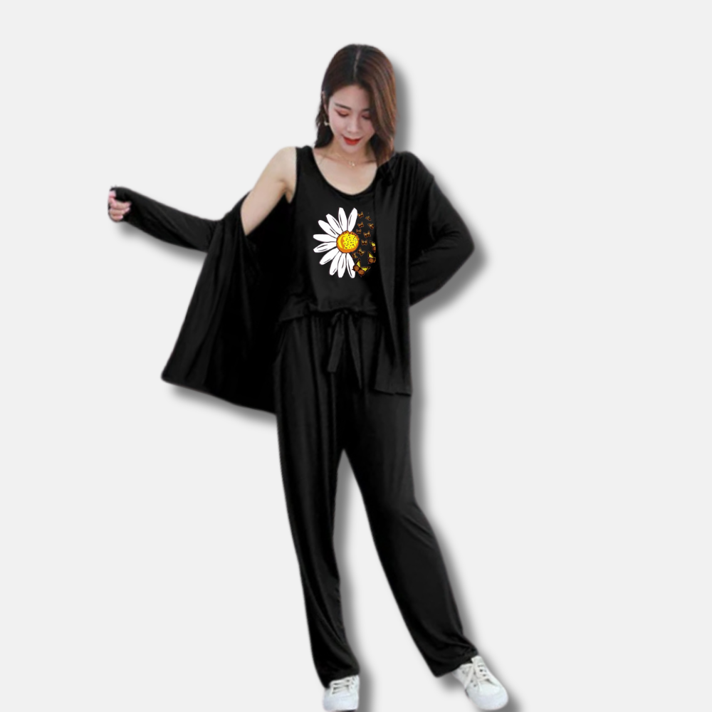 MK Garments - White Sunflower Printed 3Piece Pajama Night Suite Women Modal Long-Sleeved Vest For Leisure Home Wear Female Sleepwear