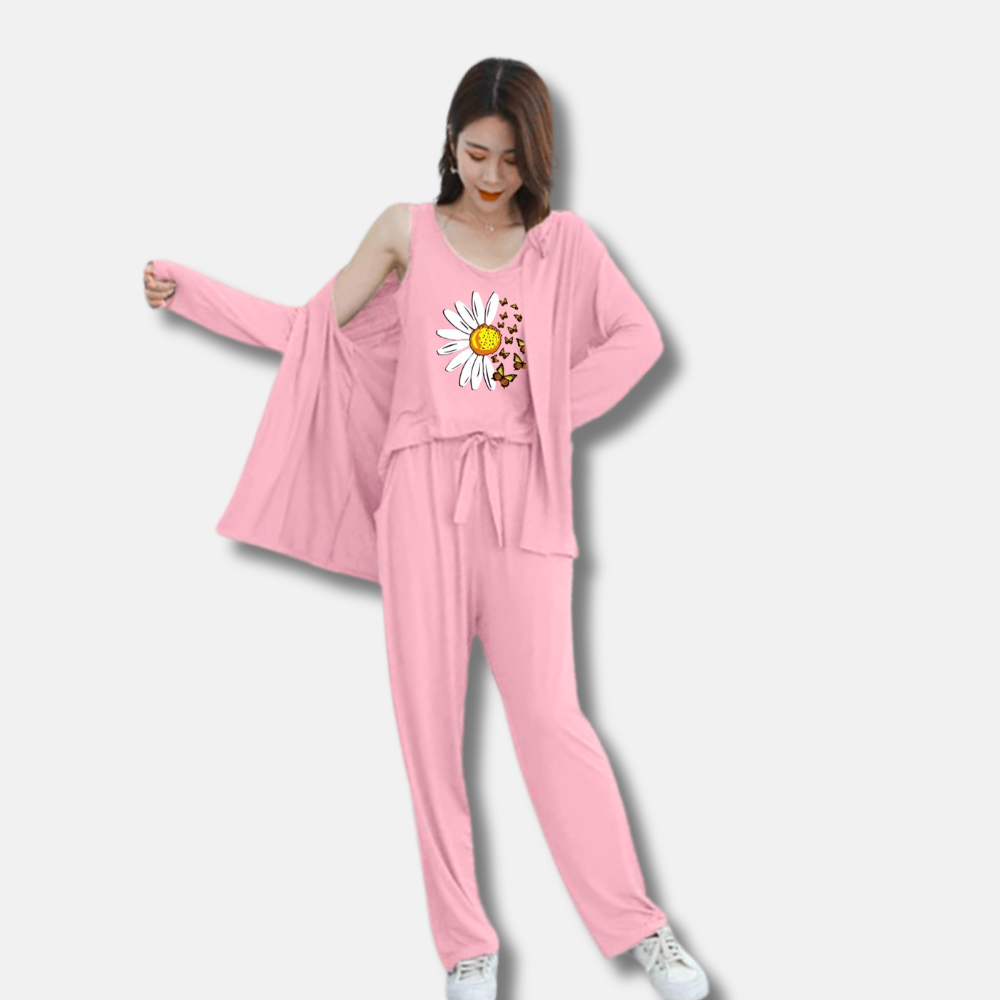 MK Garments - White Sunflower Printed 3Piece Pajama Night Suite Women Modal Long-Sleeved Vest For Leisure Home Wear Female Sleepwear
