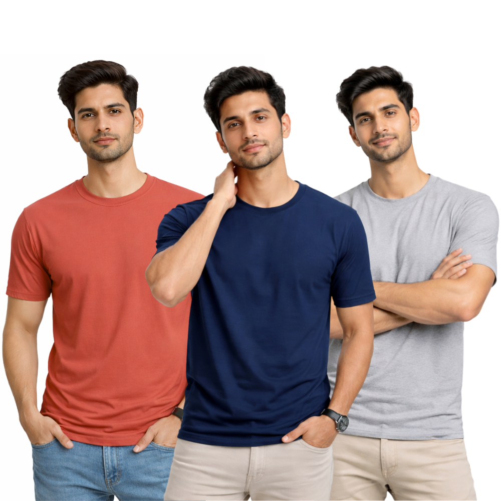 Pack Of 3 Plain Colors Half Sleeves T Shirts For Mens