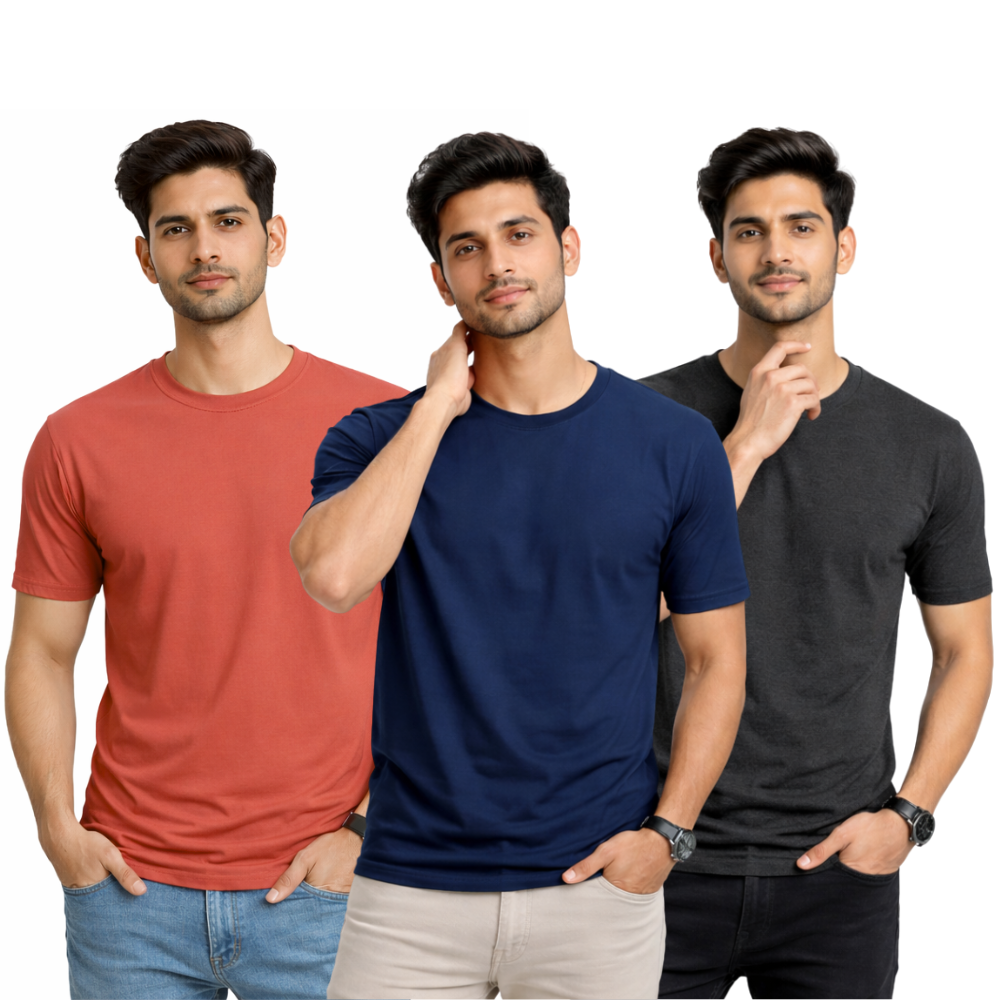 Pack Of 3 Plain Colors Half Sleeves T Shirts For Mens
