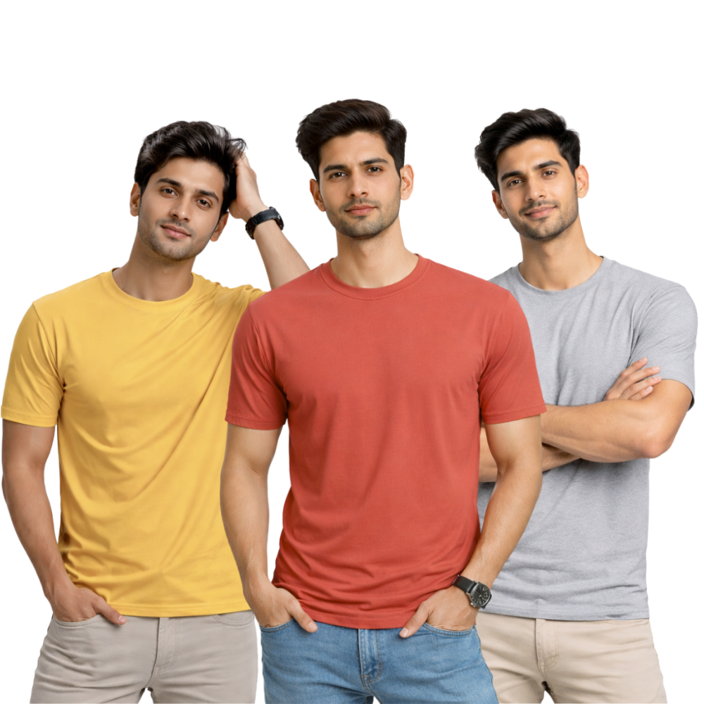 Pack Of 3 Plain Colors Half Sleeves T Shirts For Mens