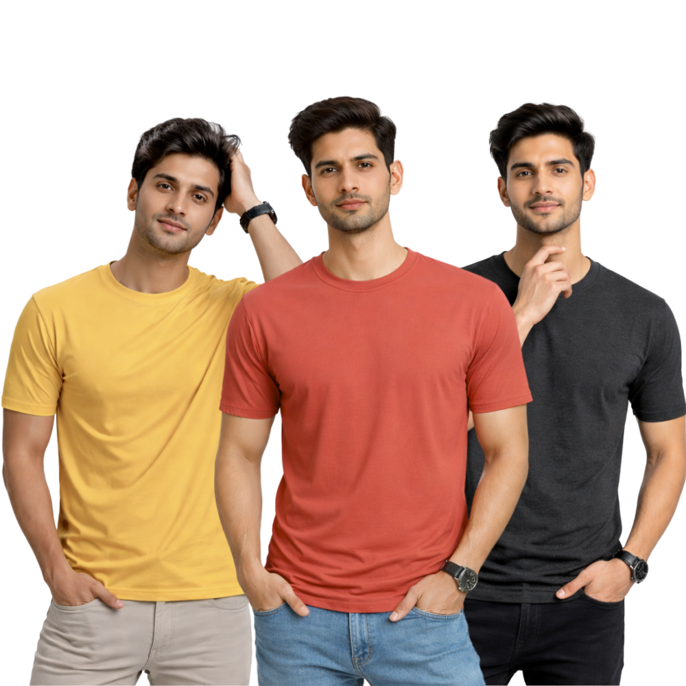 Pack Of 3 Plain Colors Half Sleeves T Shirts For Mens
