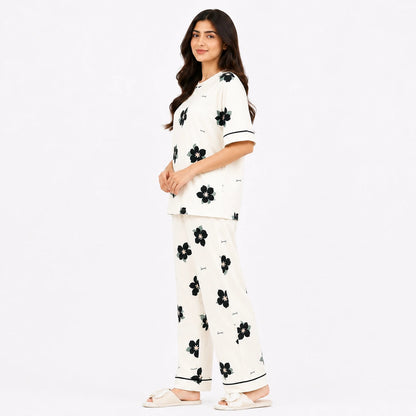 Large Flower Print Nightwear Set – White