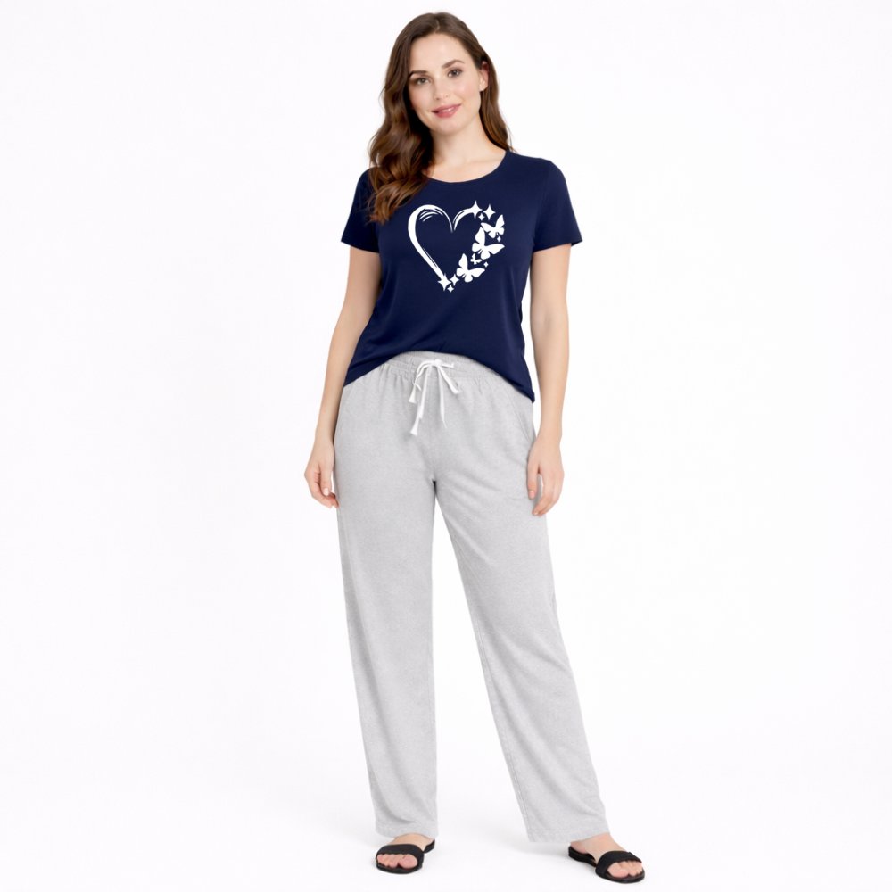 Women's Heart & Butterfly Print Night Suit – T-Shirt & Trouser Set