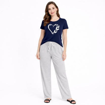 Women's Heart & Butterfly Print Night Suit – T-Shirt & Trouser Set