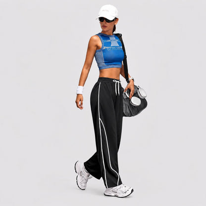 Women's High-Waist Contrast Stripe Wide-Leg Terry Track Pants