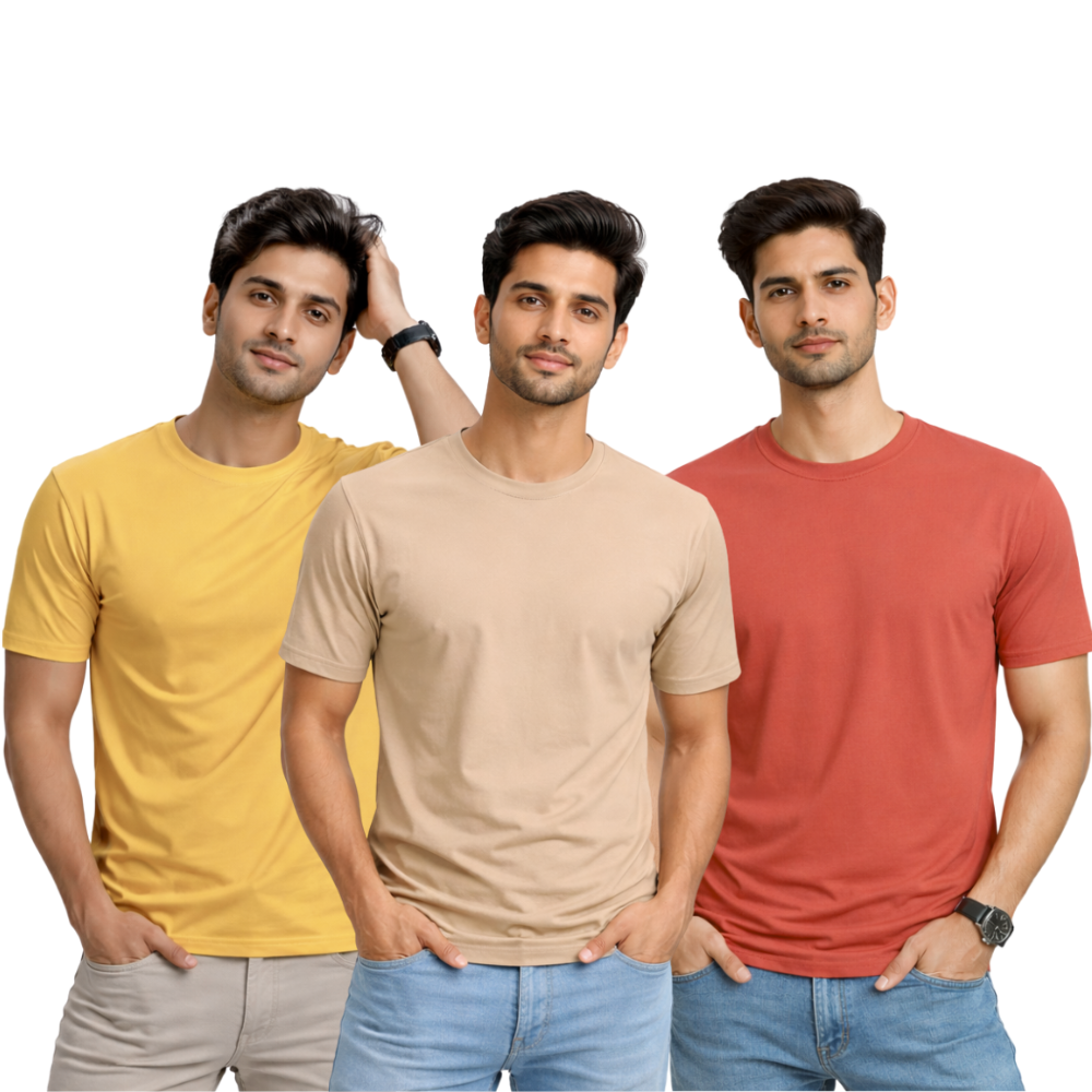 Pack Of 3 Plain Colors Half Sleeves T Shirts For Mens