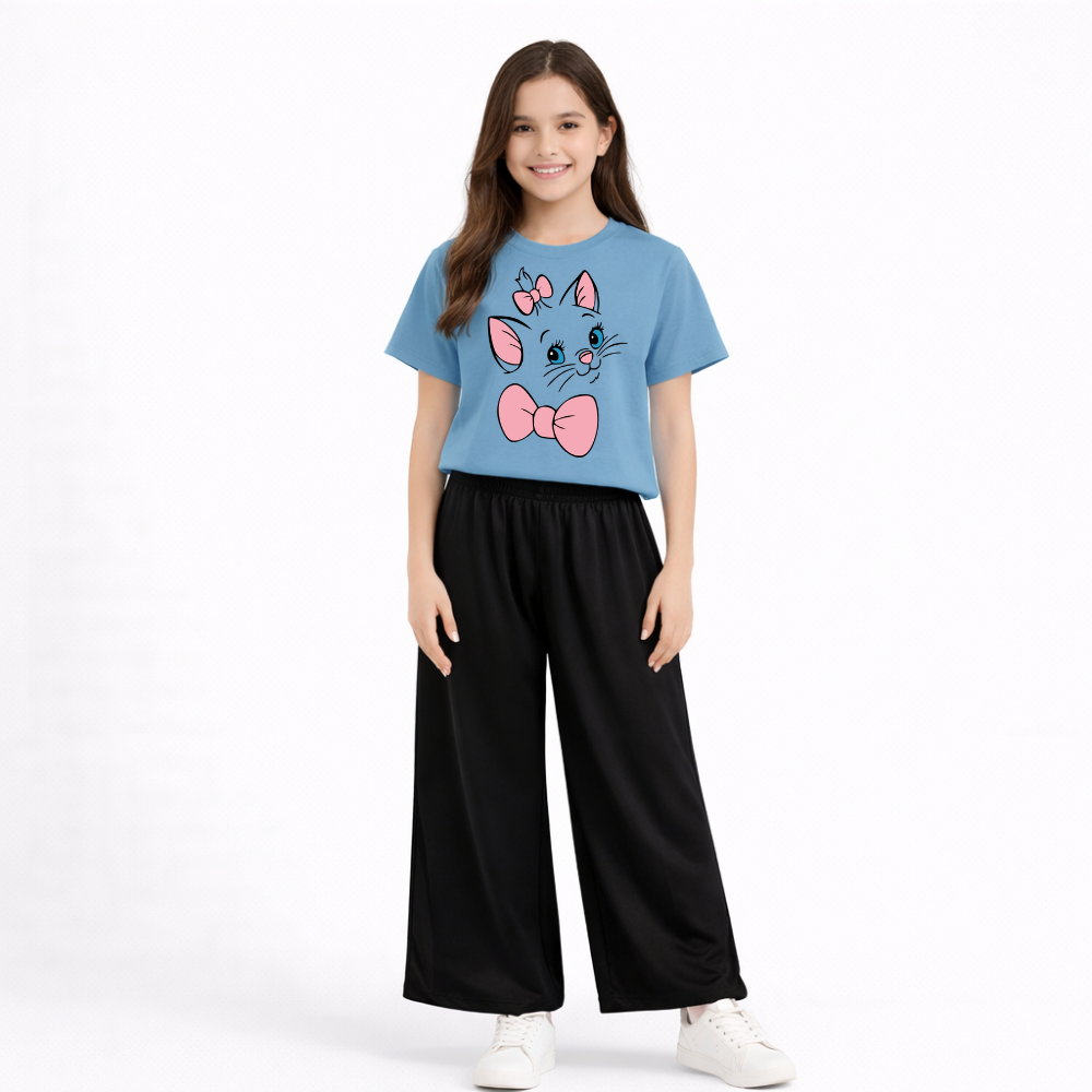 Kids Summer Cute Cat Bow Printed 2 Pcs Set Soft Jersey Fabric