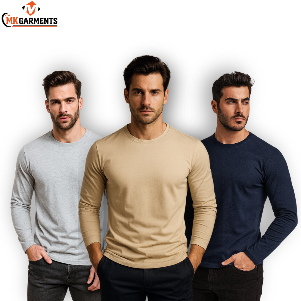 Pack Of 3 Plain Colors Full Sleeves T Shirts For Mens