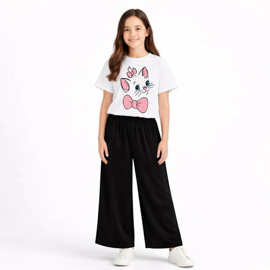 Buy Kids Summer Cute Cat Bow Printed 2 Piece Jersey Set Online Pakistan COD - MK Garments