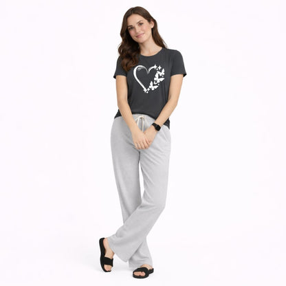 Women's Heart & Butterfly Print Night Suit – T-Shirt & Trouser Set