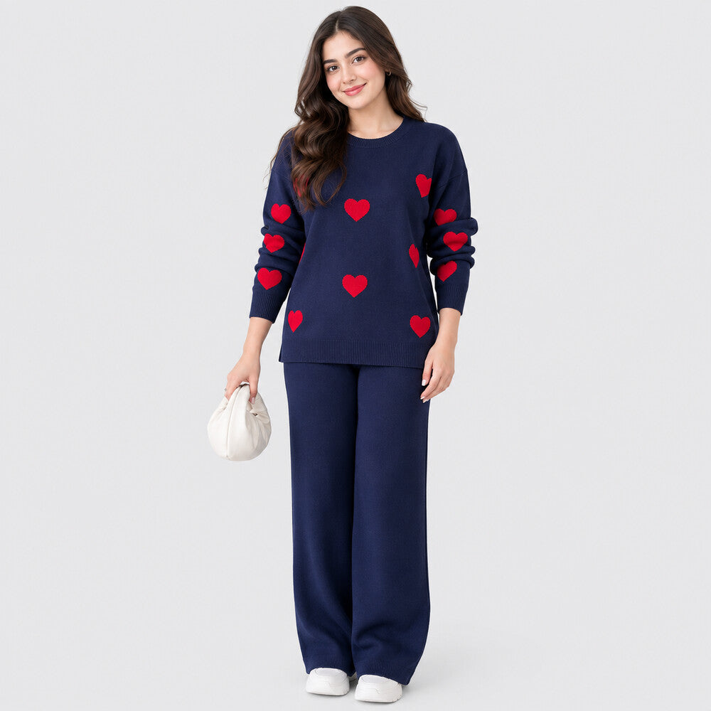 Heart Printed Warm Winter Fleece Co-Ord Set