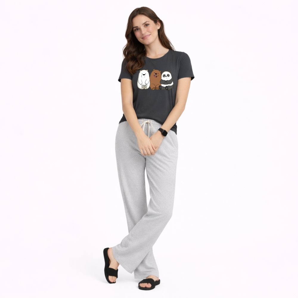 Women's Cartoon Bear Print Night Suit – T-Shirt & Trouser Set