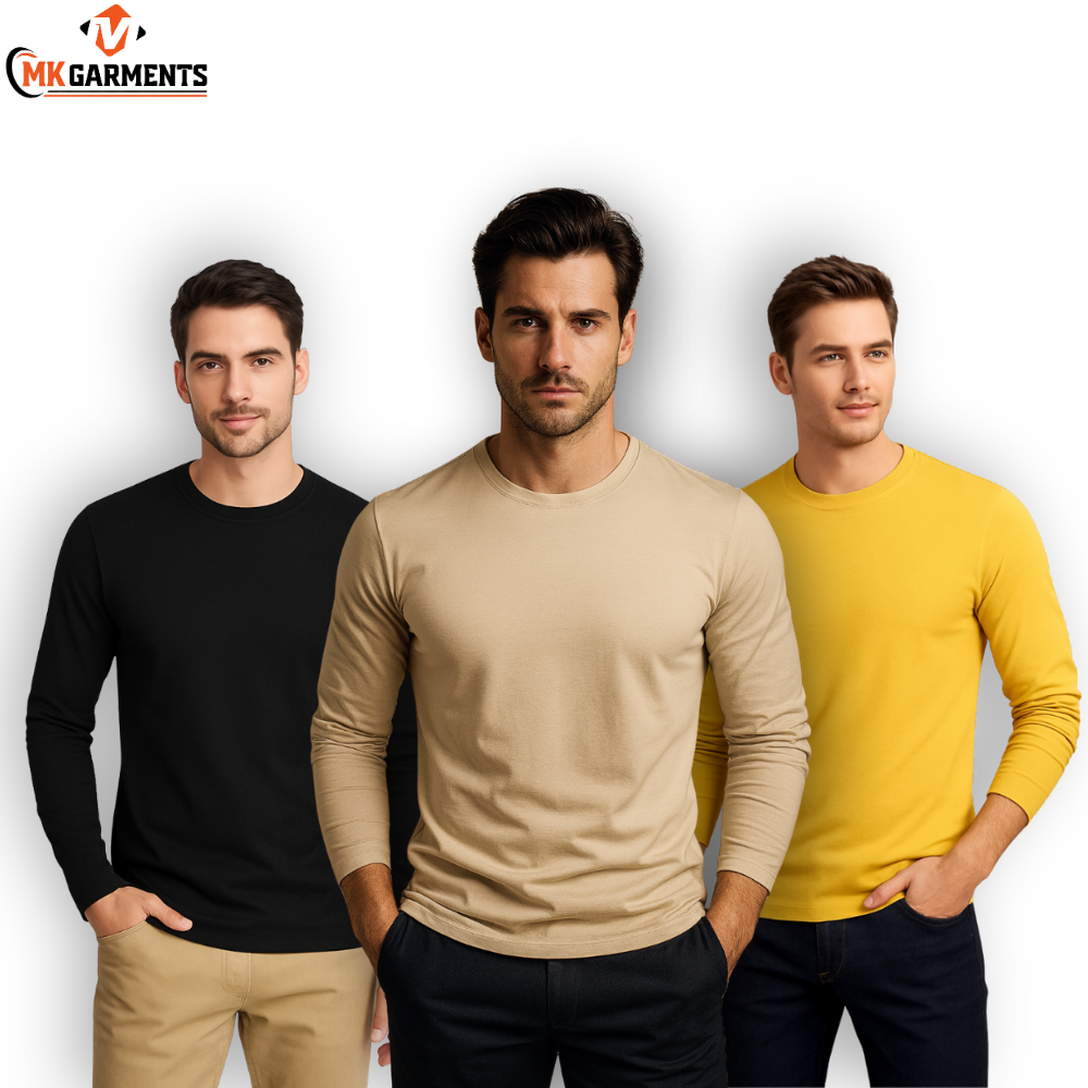 Pack Of 3 Plain Colors Full Sleeves  T Shirts For Mens
