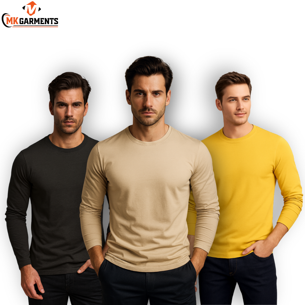 Pack Of 3 Plain Colors Full Sleeves  T Shirts For Mens