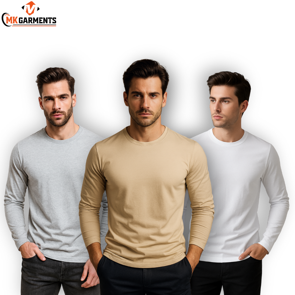 Pack Of 3 Plain Colors Full Sleeves  T Shirts For Mens