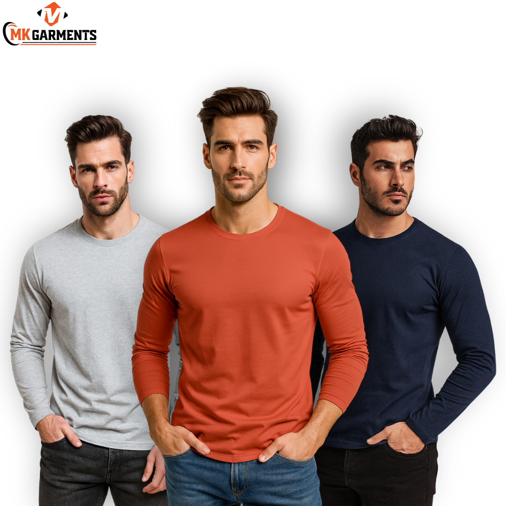 Pack Of 3 Plain Colors Full Sleeves  T Shirts For Mens