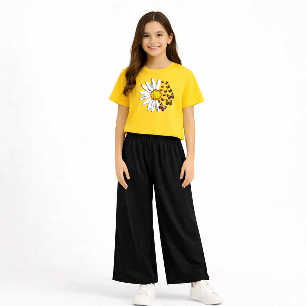 Kids Summer Sunflower Printed 2 Pcs Set Soft Jersey Fabric
