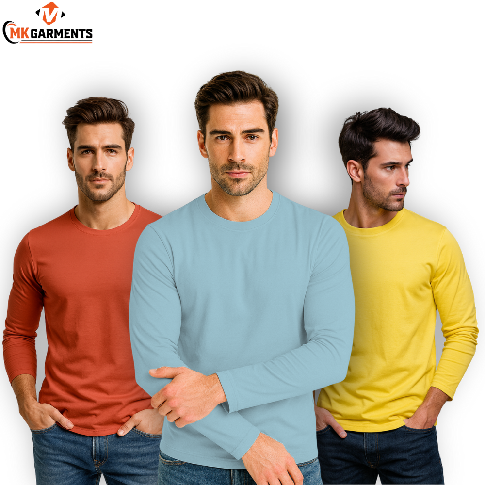 Pack Of 3 Plain Colors Full Sleeves Casual Wear T Shirt For Men
