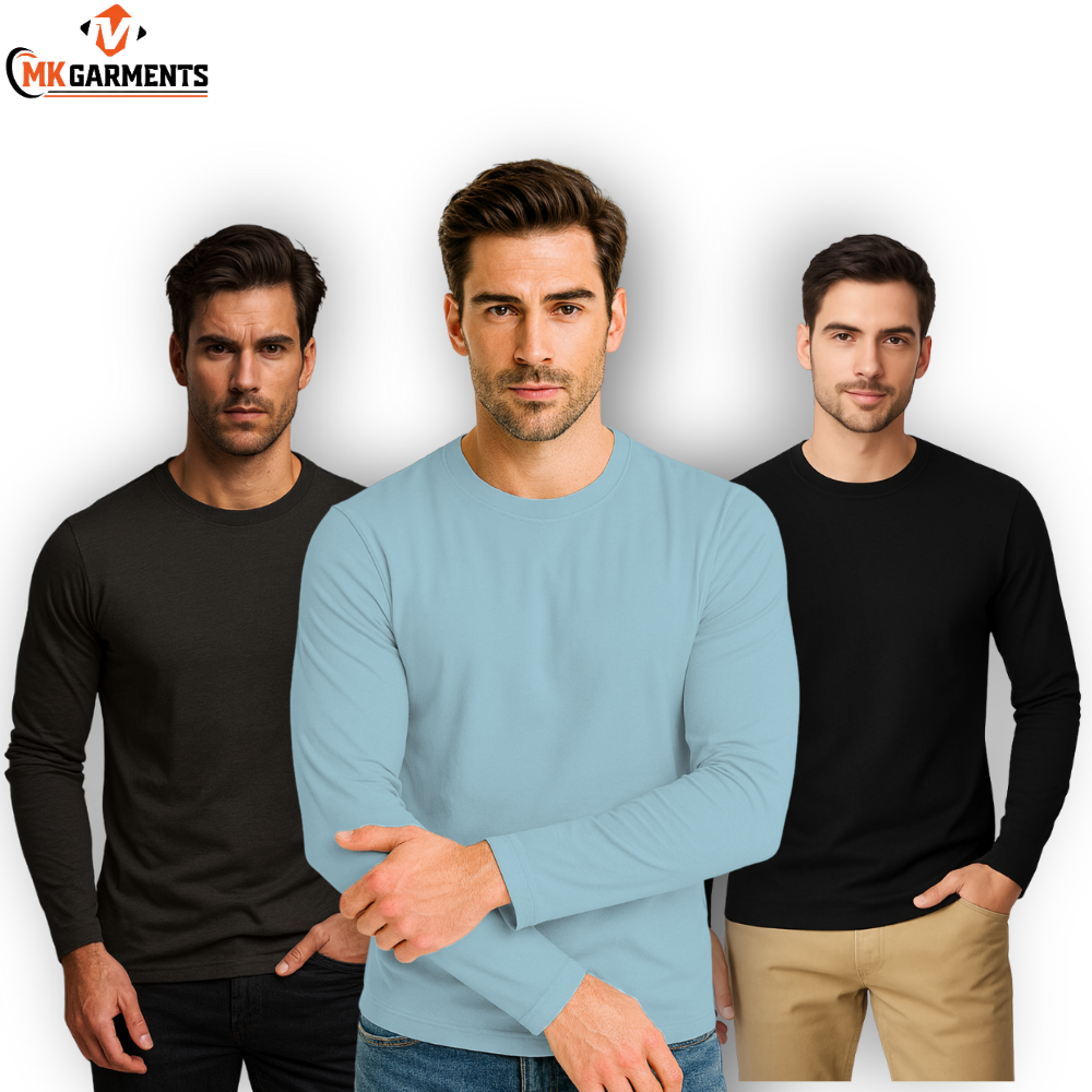 Pack Of 3 Plain Colors Full Sleeves  T Shirts For Mens