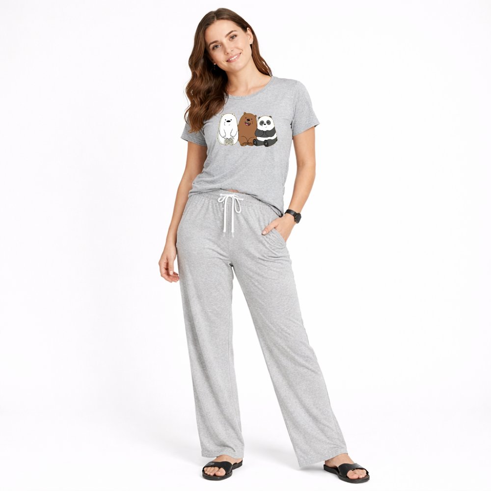 Women's Cartoon Bear Print Night Suit – T-Shirt & Trouser Set