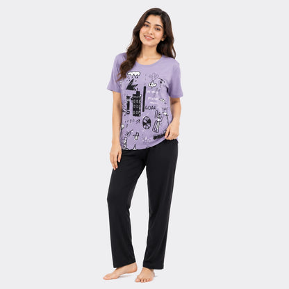 Doodle Art Print Nightwear Set – Pink & Black