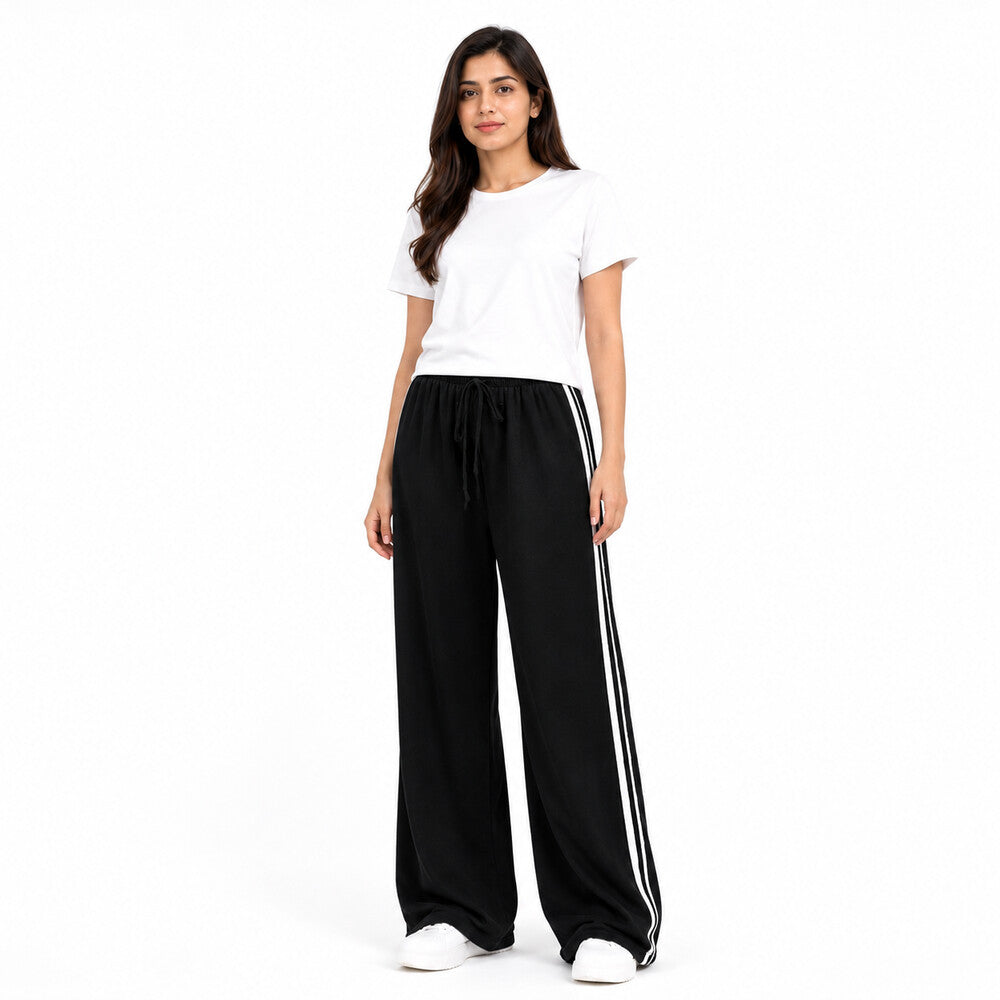 Women's Plain T-Shirt & Double White Stripe Trouser Set
