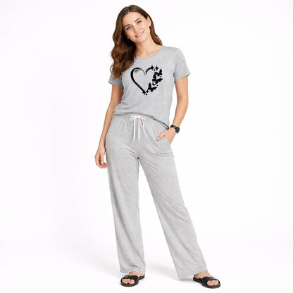 Women's Heart & Butterfly Print Night Suit – T-Shirt & Trouser Set