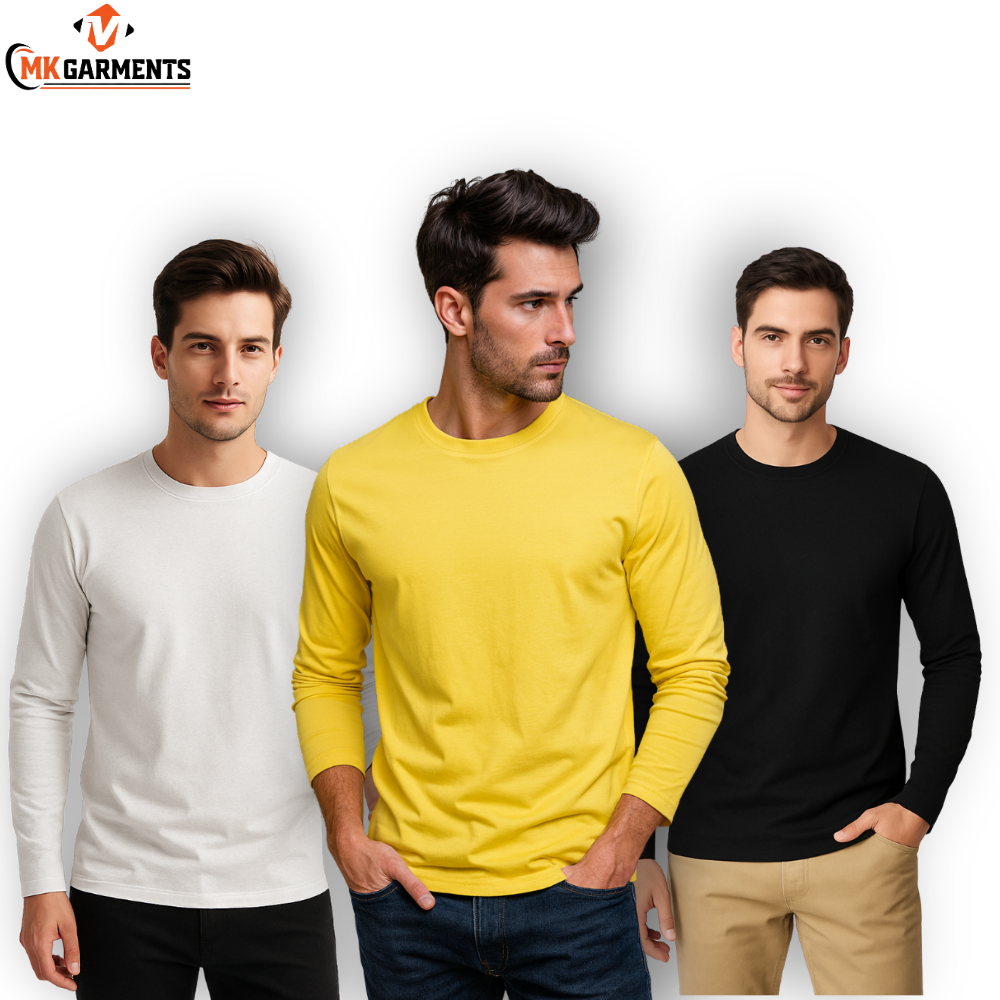 Pack Of 3 Plain Colors Full Sleeves  T Shirts For Mens