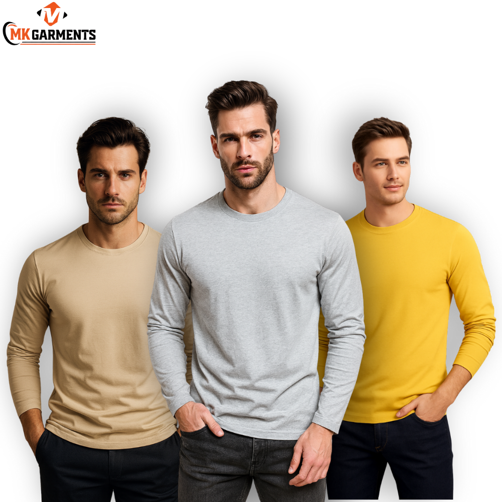 Pack Of 3 Plain Colors Full Sleeves Casual Wear T Shirt