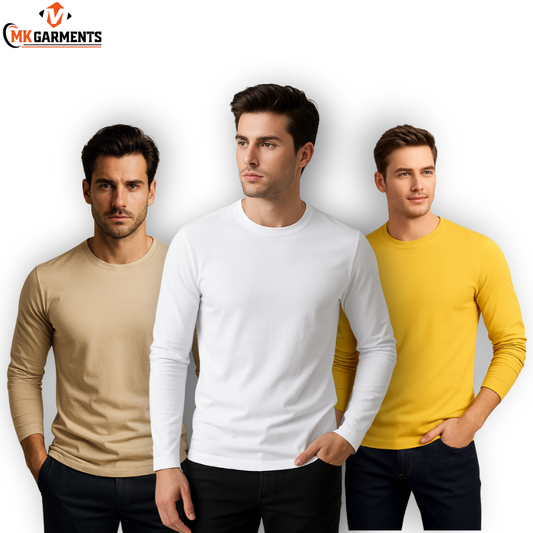 Buy Pack Of 3 Plain Cotton Full Sleeves T Shirts For Men Online Pakistan COD - MK Garments