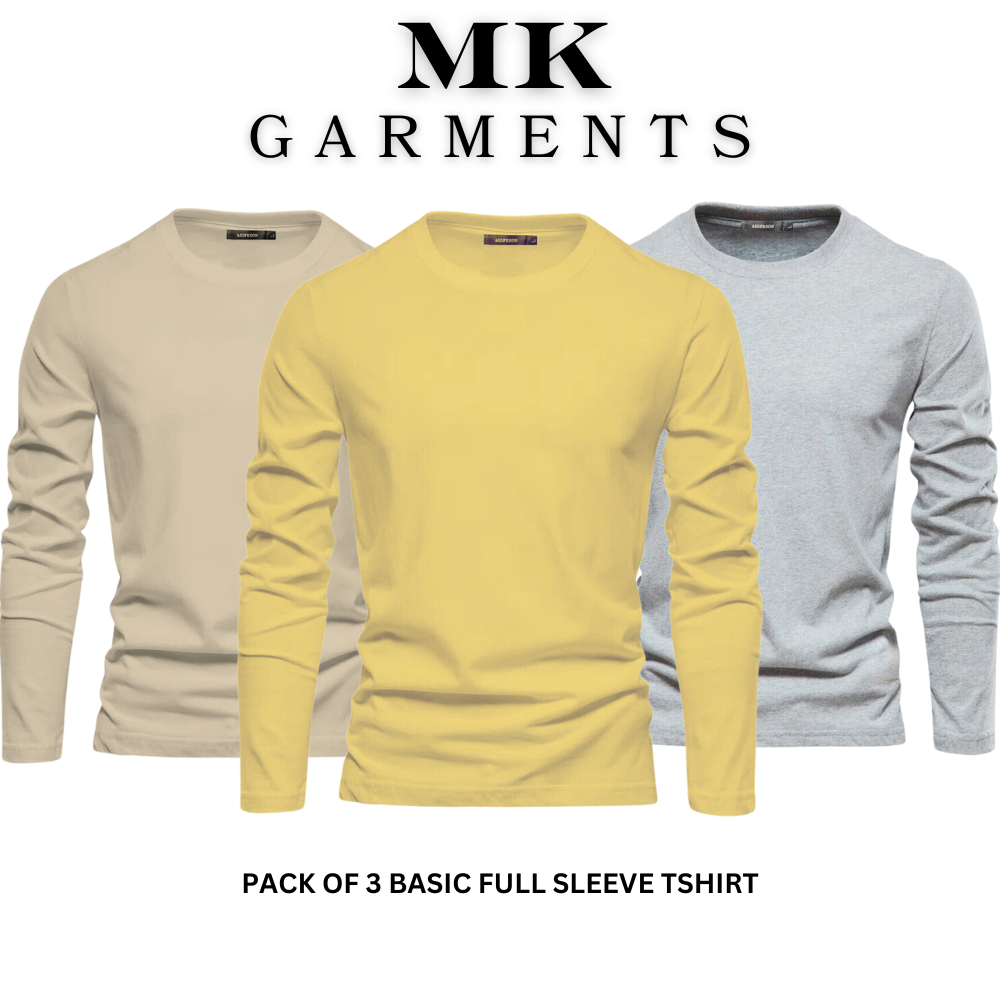 MK Garments - Pack Of 3 Plain Colors Full Sleeves Casual Wear T Shirt