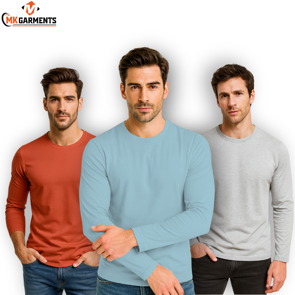 Pack Of 3 Plain Colors Full Sleeves  T Shirts For Mens
