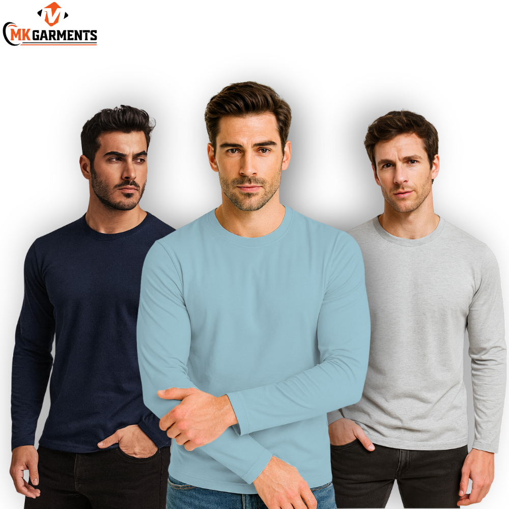 Pack Of 3 Plain Colors Full Sleeves  T Shirts For Mens