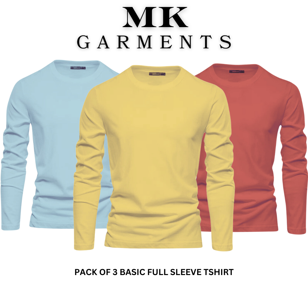 MK Garments - Pack Of 3 Plain Colors Full Sleeves Casual Wear T Shirt For Men