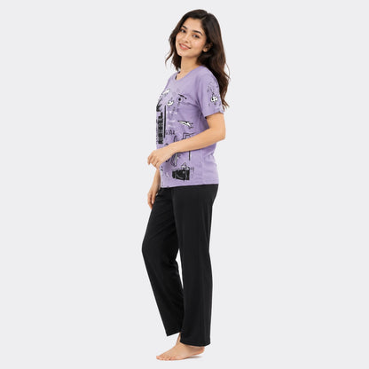 Doodle Art Print Nightwear Set – Purple & Black