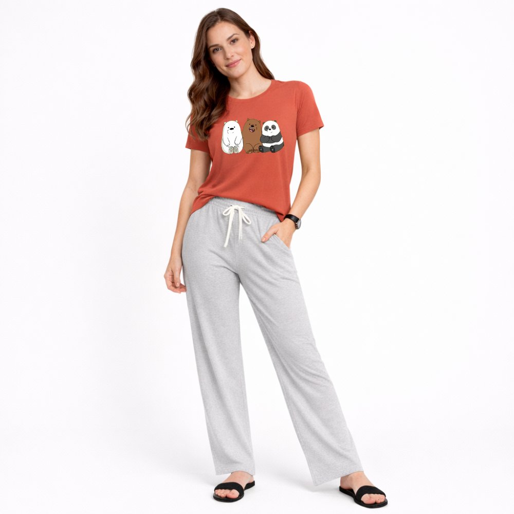 Women's Cartoon Bear Print Night Suit – T-Shirt & Trouser Set